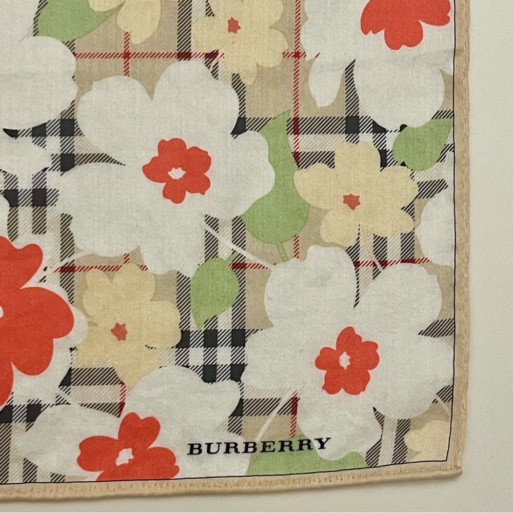 Burberry Red and White Floral Check Handkerchief. - Picture 3 of 5